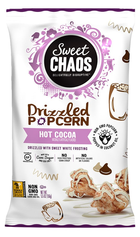 5.5 oz. Bag of Sweet Chaos Drizzled Popcorn Hot Cocoa flavor on a white background