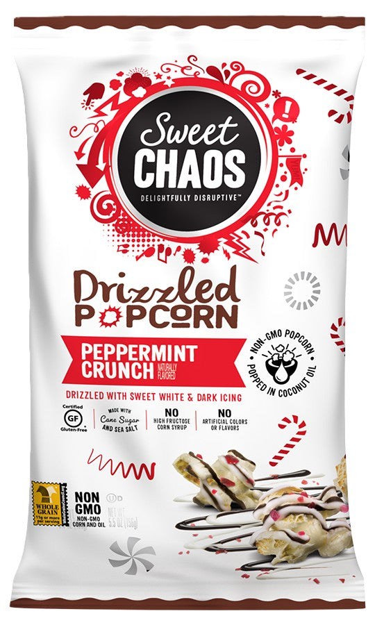 A 5.5 oz. bag of Sweet Chaos Drizzled Popcorn in Peppermint Crunch flavor, featuring a white packaging design with red and black graphics, candy cane illustrations, and an image of chocolate-drizzled popcorn pieces at the bottom.