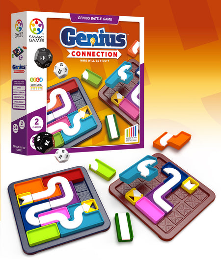 Smart Games Genius Connection board game packaging with colorful game pieces on an orange gradient background