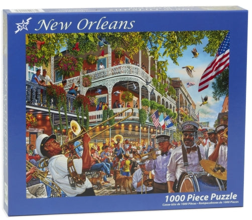 Vermont Christmas Company 1000-piece puzzle of a street scene in New Orleans with musicians and a building.
