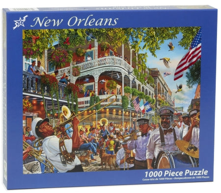 Vermont Christmas Company 1000-piece puzzle of a street scene in New Orleans with musicians and a building.