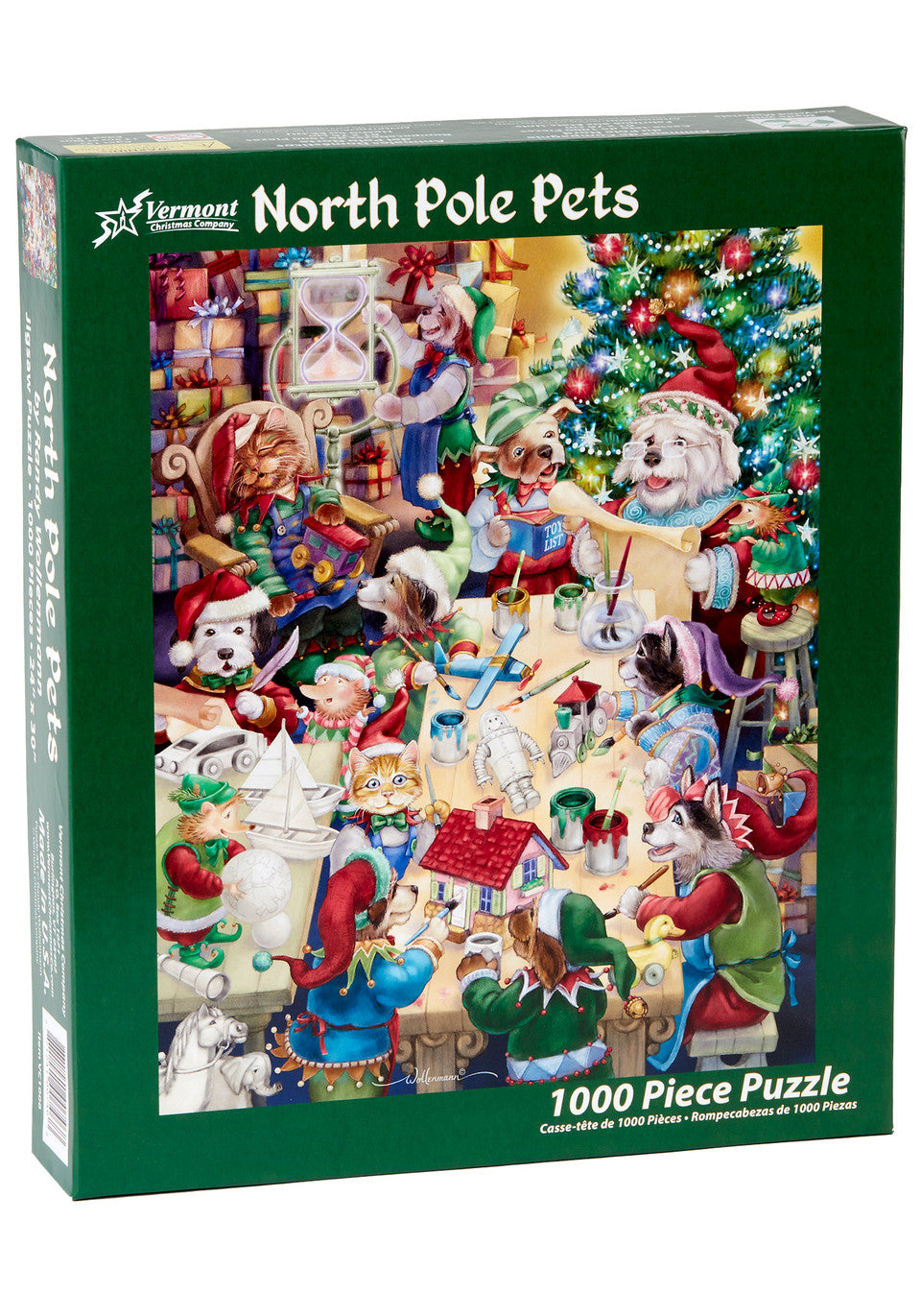 Vermont Christmas Company 1000-piece Jigsaw puzzle box featuring a festive scene with dogs and cats at the North Pole