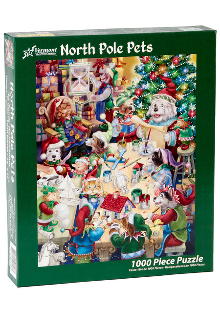 Vermont Christmas Company 1000-piece Jigsaw puzzle box featuring a festive scene with dogs and cats at the North Pole