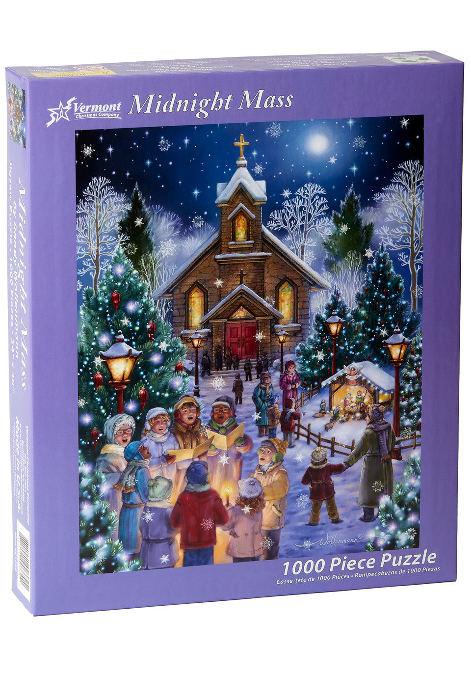Vermont Christmas Company 1000-piece vertical jigsaw puzzle box with a winter scene of a church and carolers.