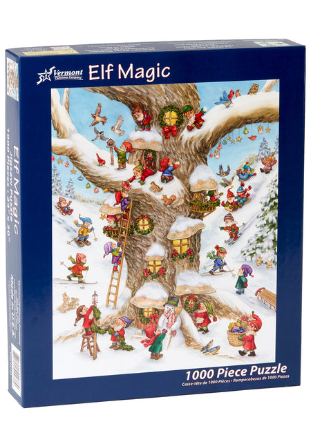 Vermont Christmas Company 1000-piece vertical Jigsaw puzzle box titled 'Elf Magic' with a snowy tree and elves design.