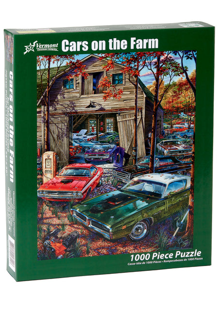 Vermont christmas company 1000-piece vertical jigsaw Puzzle box titled 'Cars on the Farm' with a depiction of vintage cars and a barn.
