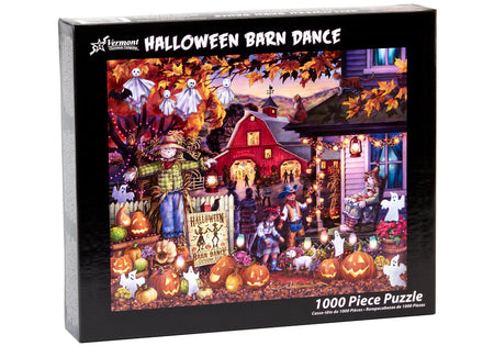 Vermont christmas company 100-piece Halloween-themed jigsaw puzzle box with a barn and autumn scene on the cover