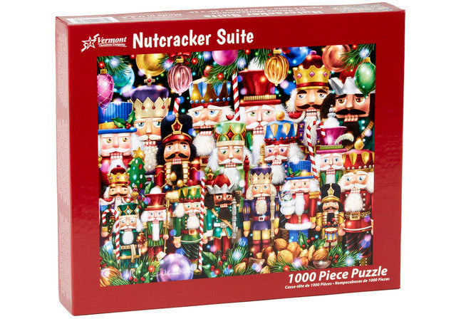 Jigsaw puzzle box featuring Nutcracker Suite design with colorful characters on a red background vermont christmas company