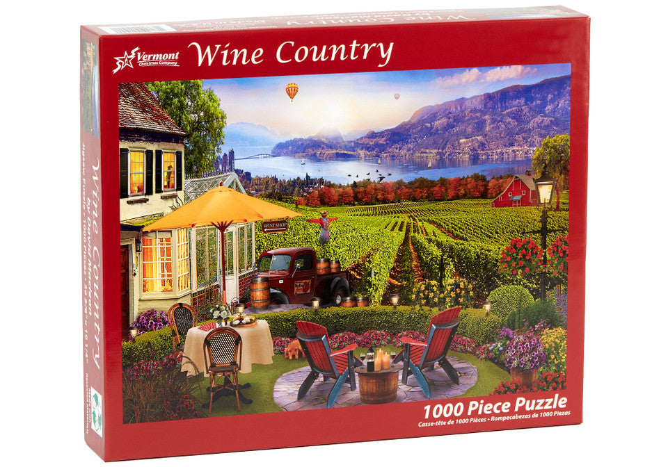 Vermont Christmas Company 1000-piece Jigsaw puzzle box featuring a scenic view of a vineyard and lake, labeled 'Wine Country'.