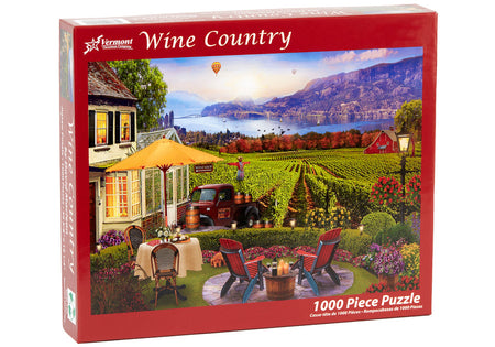 Vermont Christmas Company 1000-piece Jigsaw puzzle box featuring a scenic view of a vineyard and lake, labeled 'Wine Country'.
