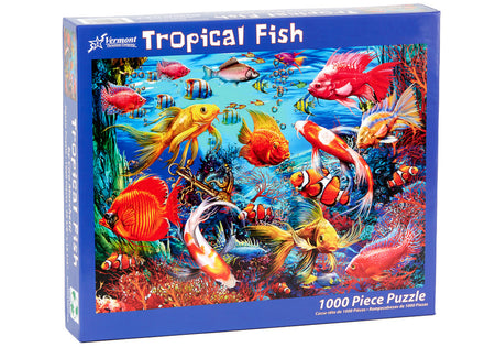 vermont christmas company 1000-piece jigsaw puzzle of colorful Tropical fish on a blue background