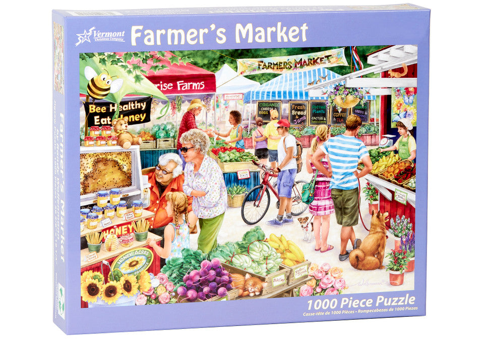 Vermont christmas company 1000-piece Jigsaw puzzle box featuring a farmer's market scene with people and vendors.