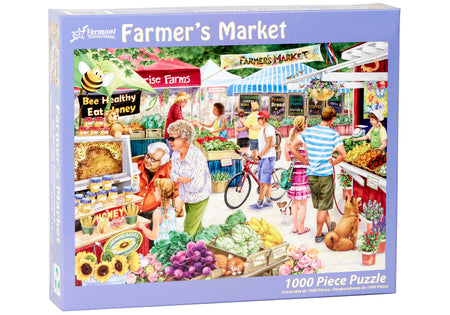 Vermont christmas company 1000-piece Jigsaw puzzle box featuring a farmer's market scene with people and vendors.