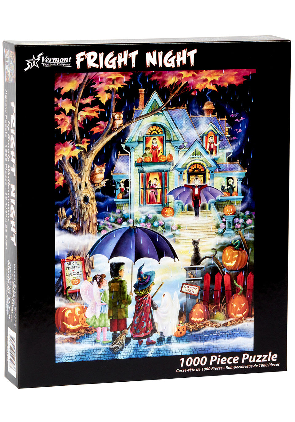 Vermont Christmas Company Fright Night 1000-piece vertical jigsaw puzzle box with Halloween-themed artwork