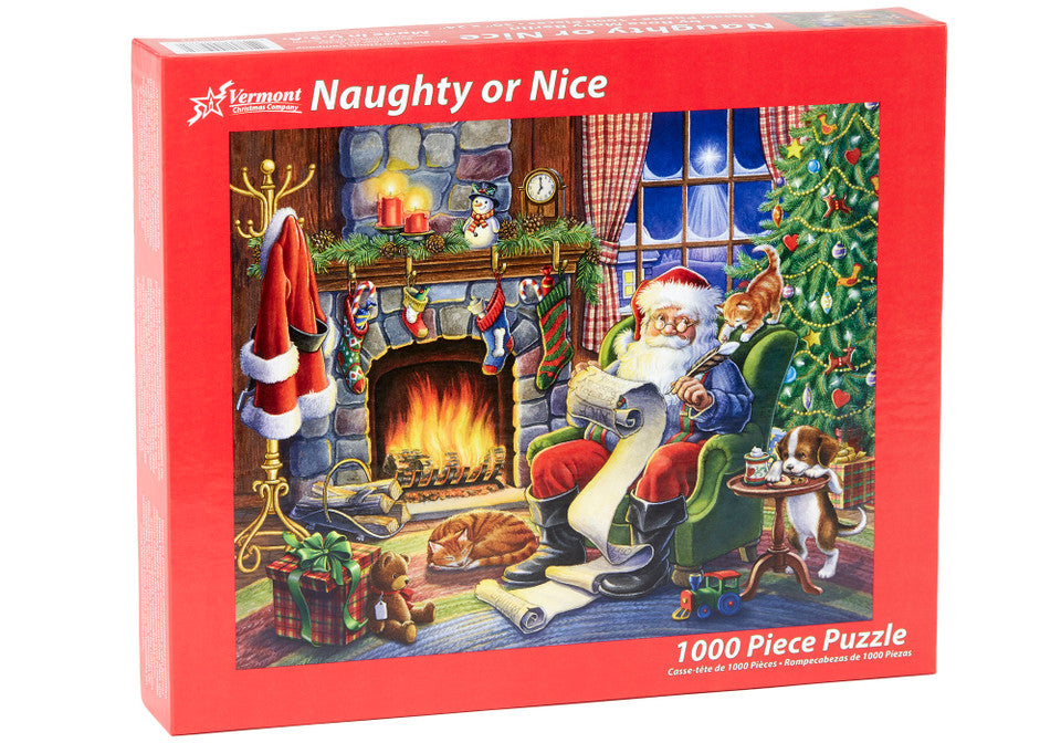 Vermont Christmas Company 1000-piece Jigsaw puzzle box featuring a festive scene with Santa Claus, a fireplace, and Christmas decorations.