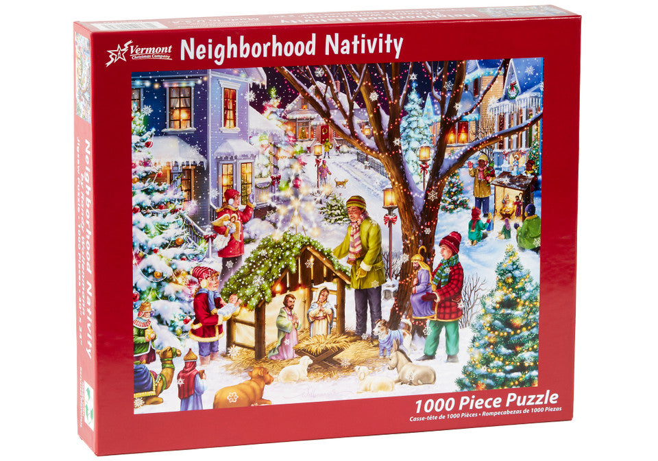 Vermont Christmas Company Neighborhood Nativity 1000-piece jigsaw puzzle box with a festive scene