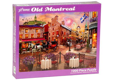 vermont christmas company 1000-piece Jigsaw puzzle box featuring an illustration of Old Montreal with a horse-drawn carriage and people on a street.