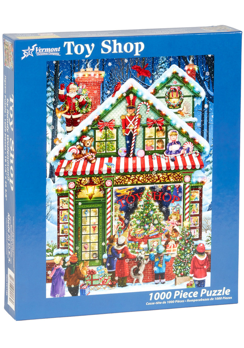 Vermont christmas company Toy Shop 1000-piece vertical jigsaw puzzle box with Christmas-themed design