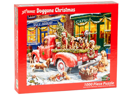 Vermont christmas company 1000-piece Jigsaw puzzle box featuring a red truck with dogs and a festive town scene, labeled 'Doggone Christmas'.