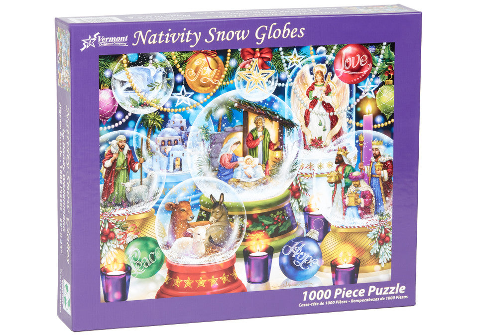 Vermont Christmas Company Nativity Snow Globes 1000-piece jigsaw puzzle box 