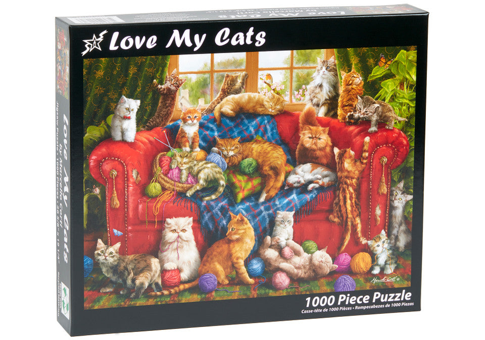 Vermont christmas company 1000-piece Jigsaw puzzle box featuring cats on a red couch with 'Love My Cats' text