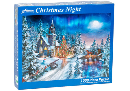 Vermont christmas company 1000-piece Jigsaw puzzle box titled 'Christmas Night' featuring a snowy village scene with a church and Christmas tree.