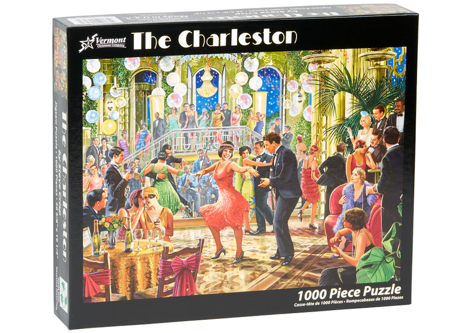 Vermont christmas company 1000-piece Jigsaw puzzle box titled 'The Charleston' with a colorful illustration of people dancing.
