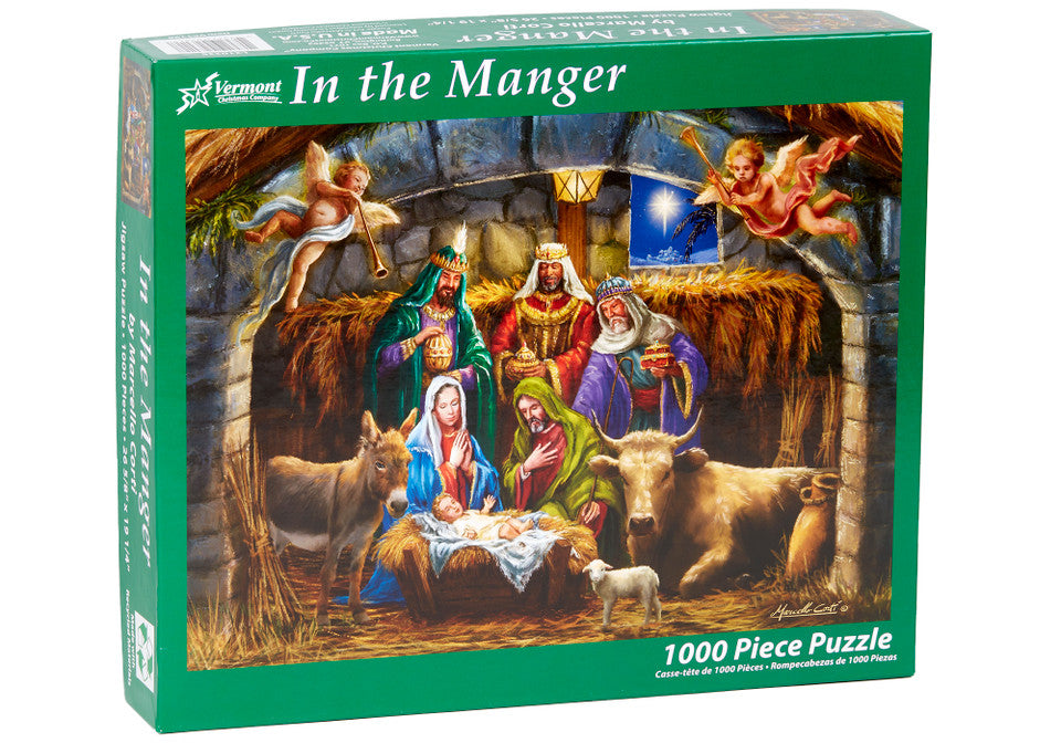 Vermont christmas company 1000-piece Jigsaw puzzle box featuring a nativity scene with green border