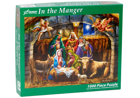 Vermont christmas company 1000-piece Jigsaw puzzle box featuring a nativity scene with green border