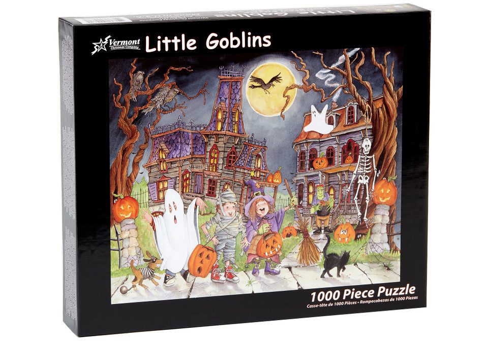 vermont christmas company Halloween-themed 1000-piece jigsaw puzzle box with cartoon goblins and a haunted house on the cover