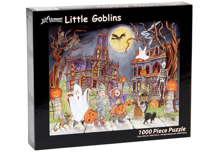 vermont christmas company Halloween-themed 1000-piece jigsaw puzzle box with cartoon goblins and a haunted house on the cover