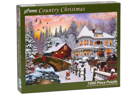 Vermont christmas company 1000-piece Jigsaw puzzle box country christmas featuring a winter scene with a house, bridge, and trees.
