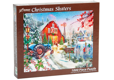 vermont christmas company 1000-piece Jigsaw puzzle box featuring a winter scene with a red barn and Christmas skaters.