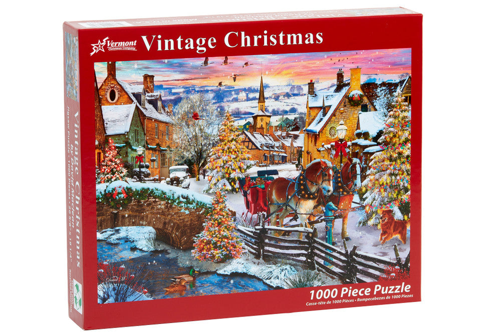 vermont christmas company Vintage Christmas 1000-piece jigsaw puzzle box with a winter village scene on a red background