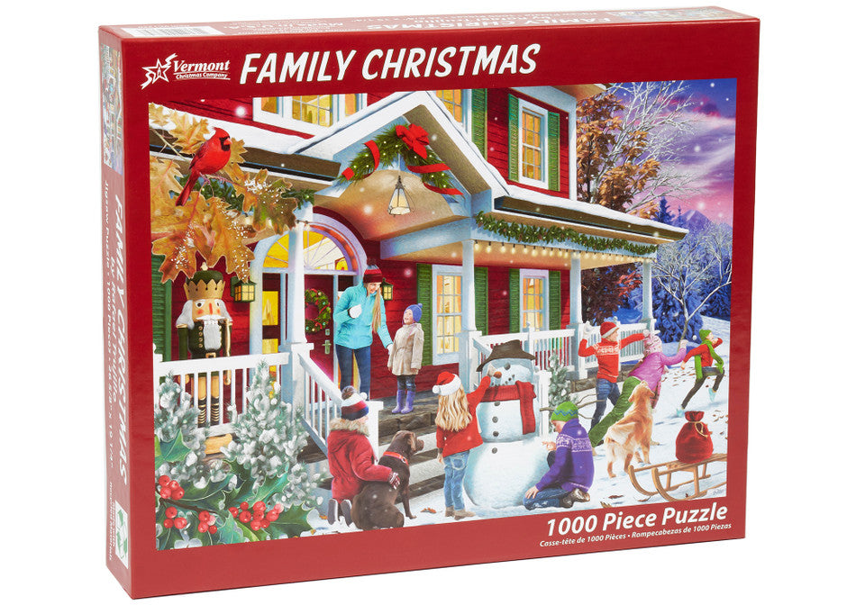 Vermont Christmas Company Family Christmas 1000-piece jigsaw puzzle box with a snowy scene and people on a porch.