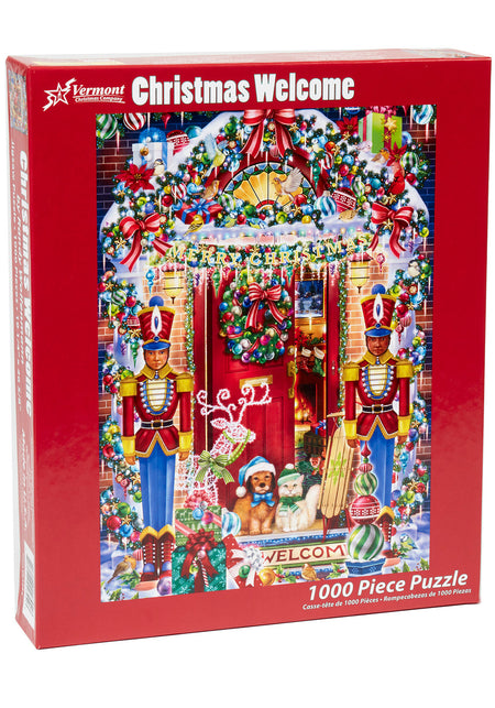vermont christmas company 1000-piece vertical jigsaw Puzzle box Christmas Welcome with Christmas-themed design featuring a door, wreath, and nutcrackers