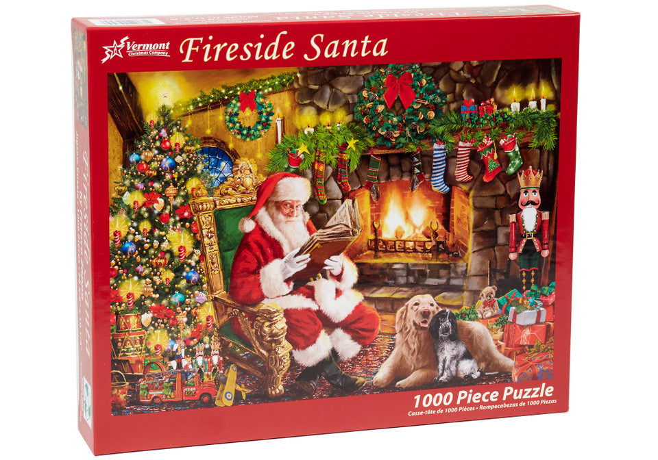 vermont christmas company 1000-piece Jigsaw puzzle box featuring a festive scene with Santa Claus and a dog by a fireplace, labeled 'Fireside Santa'.
