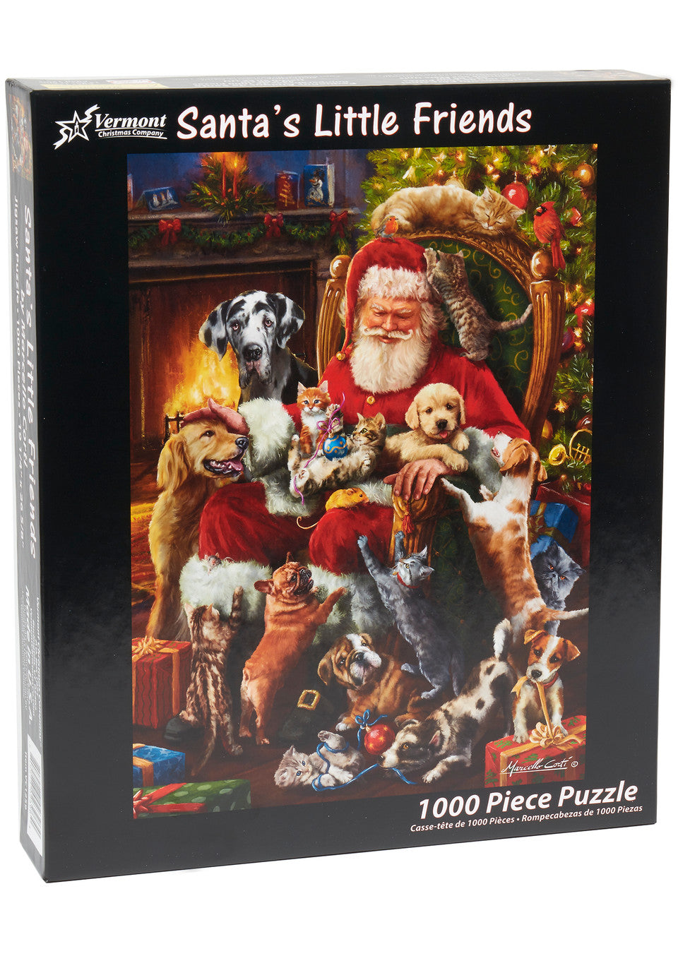 vermont christmas company 1000-piece vertical jigsaw Puzzle box featuring Santa Claus with pets on a festive background