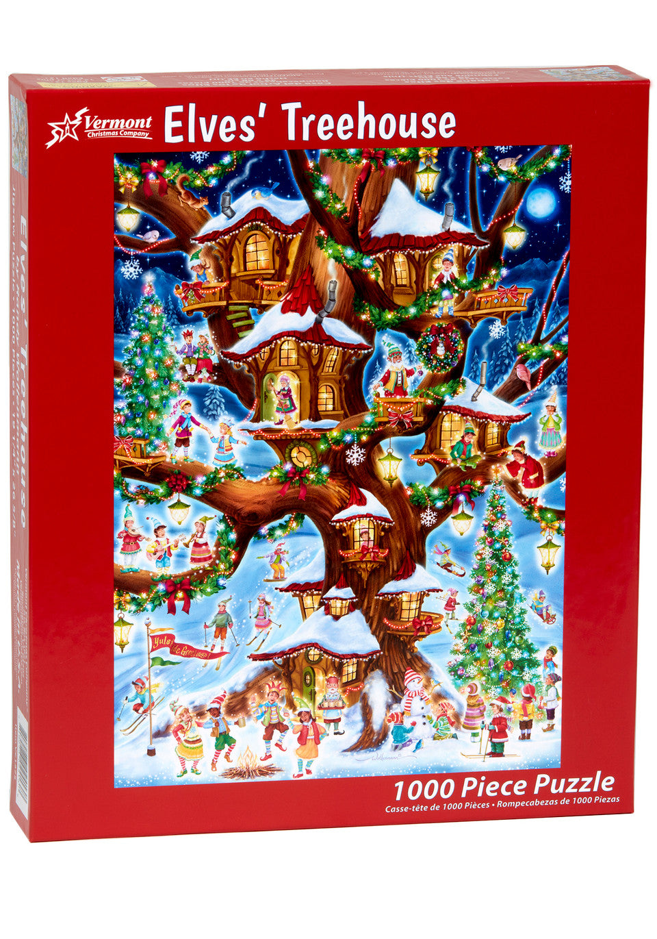 Vermont Christmas Company Elves' Treehouse 1000-piece vertical jigsaw puzzle box with colorful illustration of a treehouse scene.