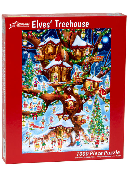 Vermont Christmas Company Elves' Treehouse 1000-piece vertical jigsaw puzzle box with colorful illustration of a treehouse scene.