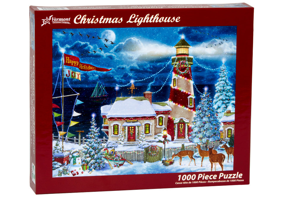 vermont christmas company 1000-piece Jigsaw puzzle box featuring a Christmas-themed lighthouse scene with trees and reindeer.