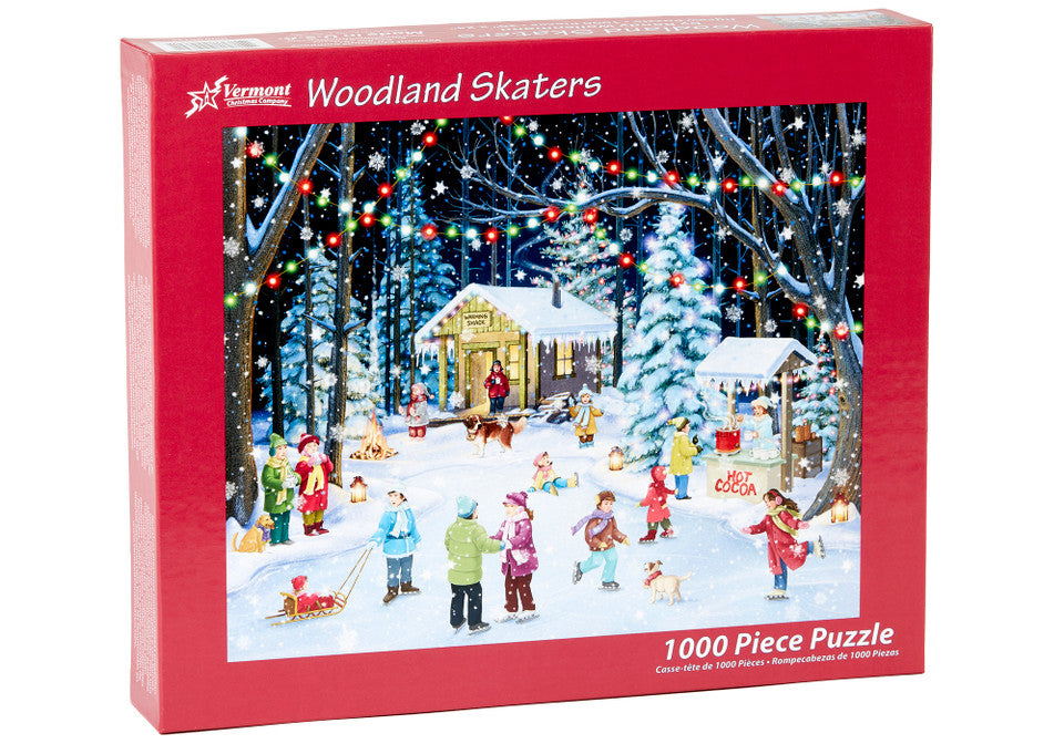 vermont christmas company 1000-piece Woodland Skaters jigsaw puzzle box with winter scene and red border
