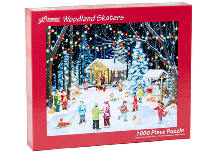 vermont christmas company 1000-piece Woodland Skaters jigsaw puzzle box with winter scene and red border