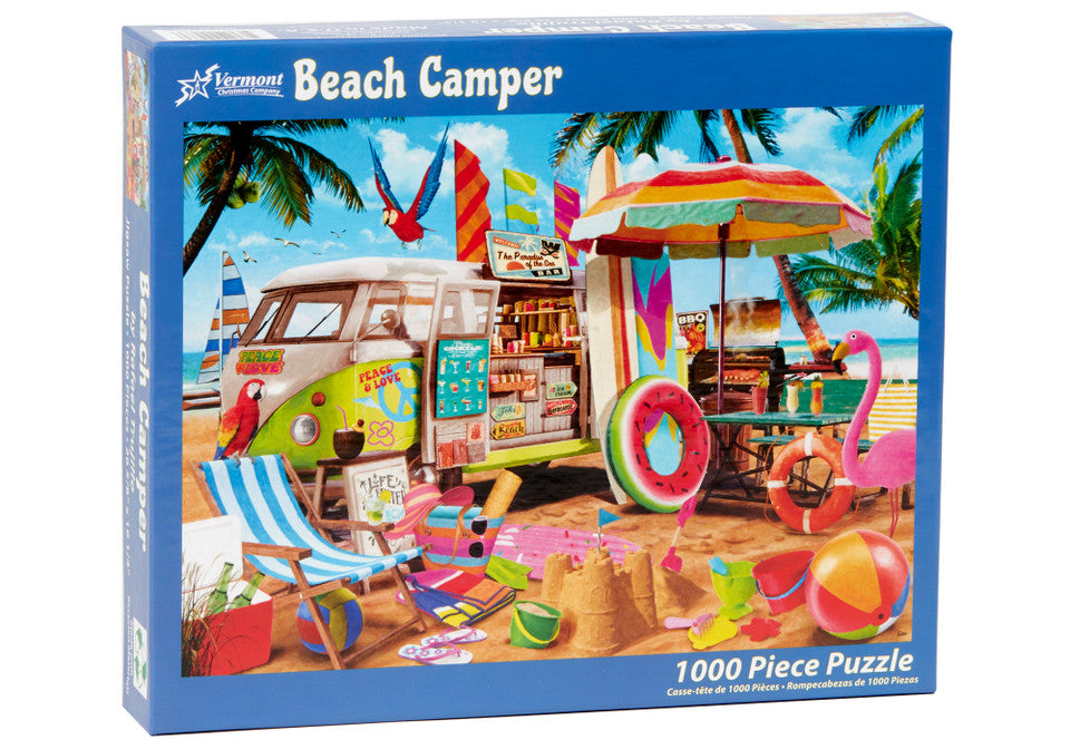 vermont christmas company 1000-piece jigsaw Puzzle box featuring a beach camper scene with colorful elements