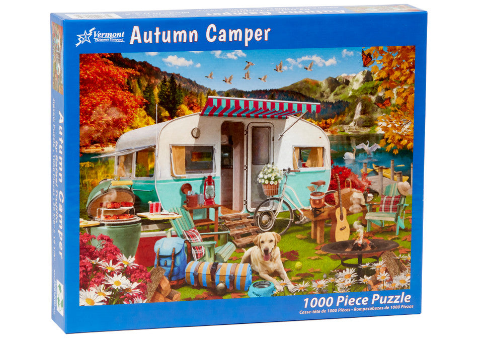 vermont christmas company 1000-piece Jigsaw puzzle box featuring an autumn camper scene with a lake and trees.