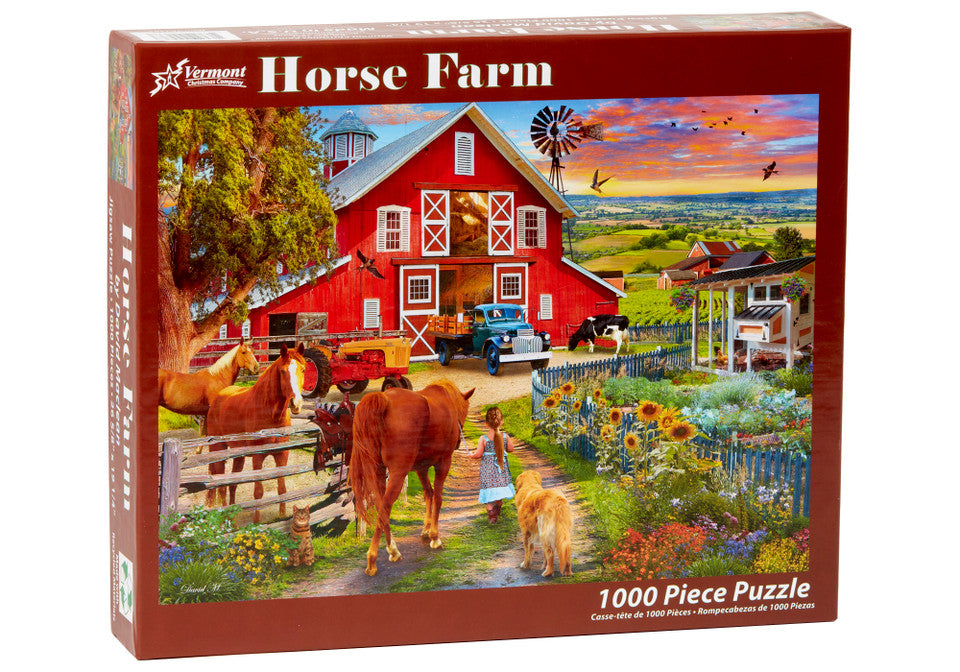 vermont christmas company 1000-piece Jigsaw puzzle box featuring a horse farm scene with a red barn, horses, and a dog.