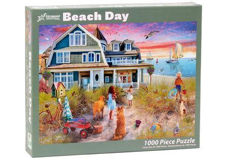 vermont christmas company 1000-piece jigsaw Puzzle box featuring a beach scene with houses and people 