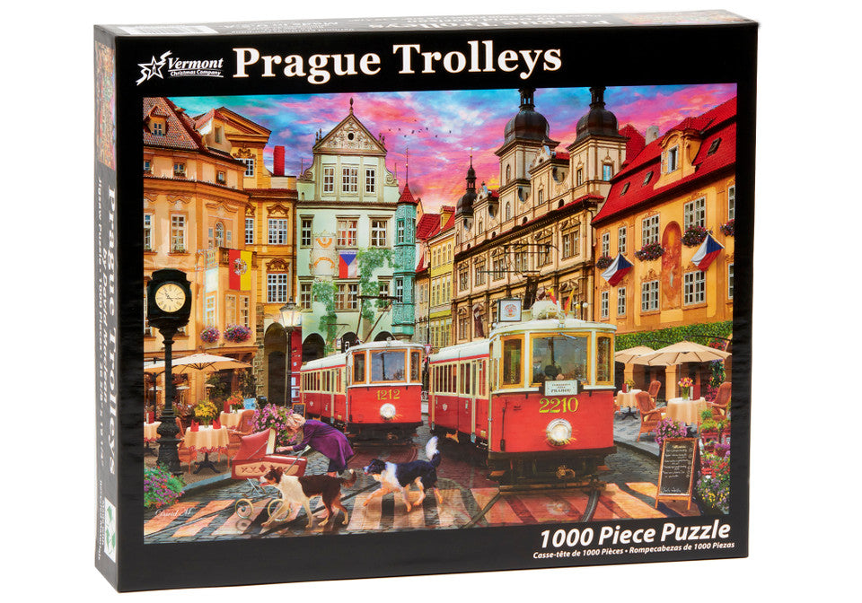 vermont christmas company 1000-piece Jigsaw puzzle box featuring Prague trolleys with colorful buildings and people in the background.