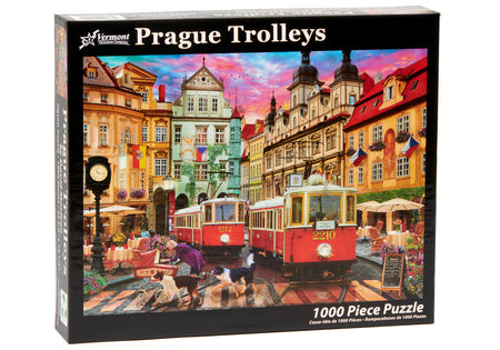 vermont christmas company 1000-piece Jigsaw puzzle box featuring Prague trolleys with colorful buildings and people in the background.