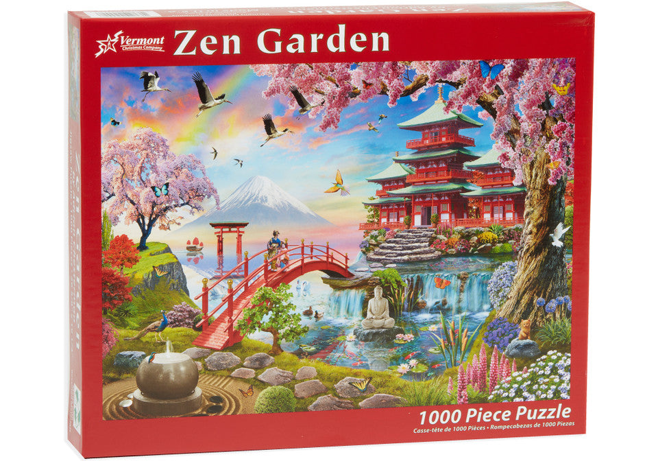 vermont christmas company 1000-piece Jigsaw puzzle box featuring a scenic design of a Zen garden with cherry blossoms, pagoda, and bridge.